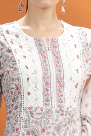 Off White & Grey Jaipuri Cotton Straight Printed Kurta Pant and Dupatta Set for women and girls
