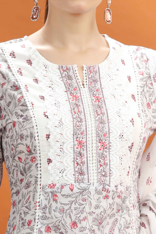 Off White & Grey Jaipuri Cotton Straight Printed Kurta Pant and Dupatta Set for women and girls