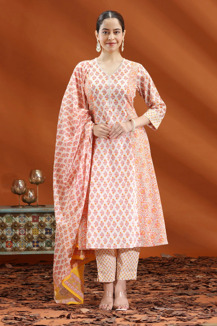 Off White & Mustard Jaipuri Cotton A Line Printed Kurta Pants and Dupatta Set for women and girls