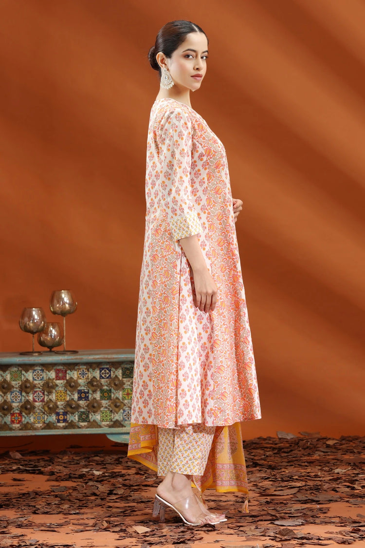 Off White & Mustard Jaipuri Cotton A Line Printed Kurta Pants and Dupatta Set for women and girls
