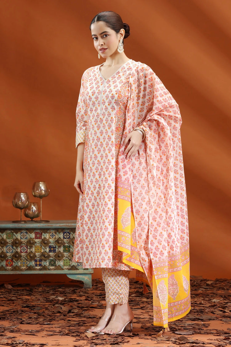 Off White & Mustard Jaipuri Cotton A Line Printed Kurta Pants and Dupatta Set for women and girls