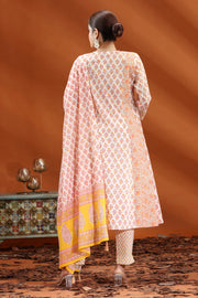 Off White & Mustard Jaipuri Cotton A Line Printed Kurta Pants and Dupatta Set for women and girls