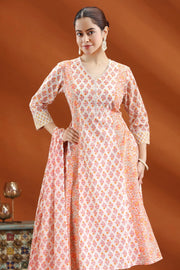 Off White & Mustard Jaipuri Cotton A Line Printed Kurta Pants and Dupatta Set for women and girls