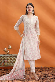 Off White & Peach Jaipuri Cotton A Line Printed Kurta Pants and Dupatta Set for women and girls