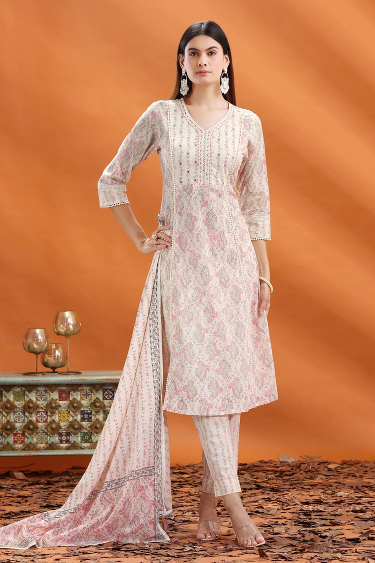 Off White & Peach Jaipuri Cotton A Line Printed Kurta Pants and Dupatta Set for women and girls
