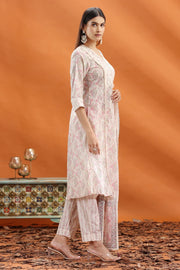 Off White & Peach Jaipuri Cotton A Line Printed Kurta Pants and Dupatta Set for women and girls
