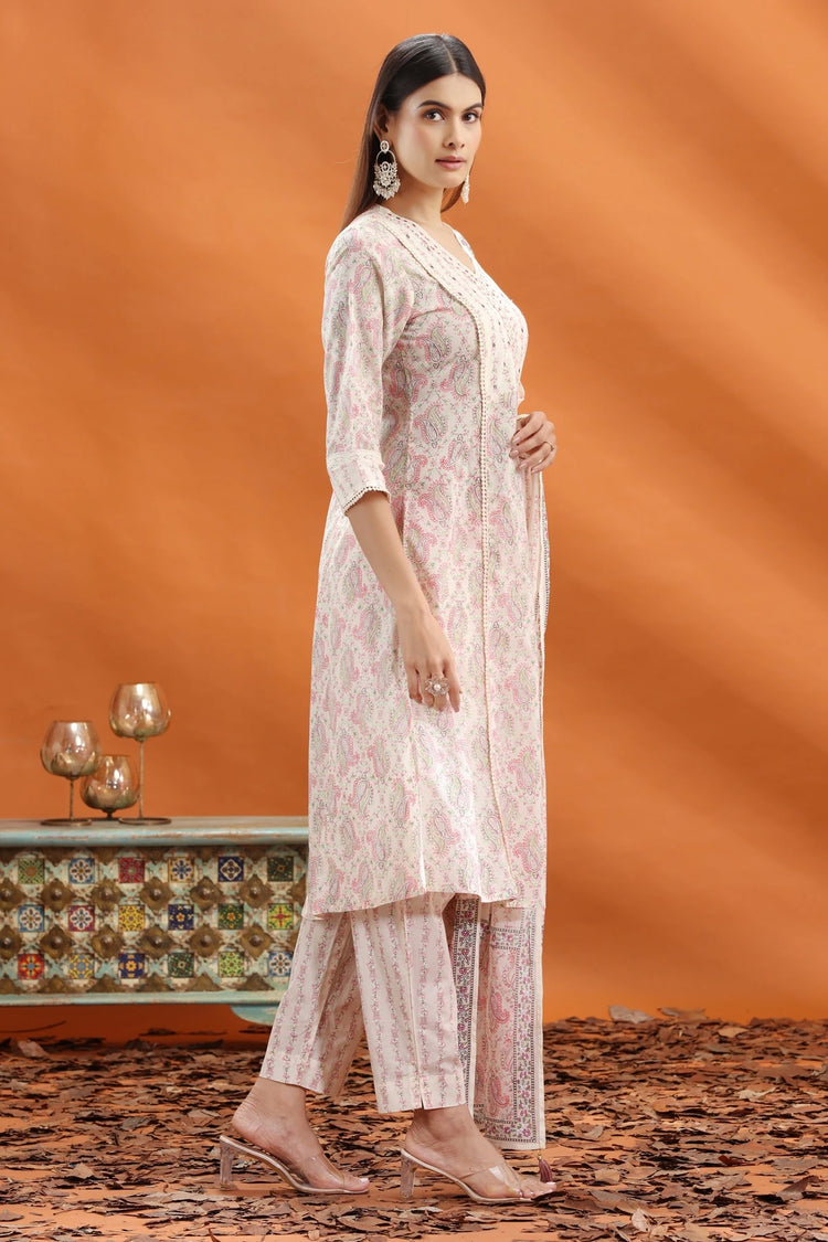 Off White & Peach Jaipuri Cotton A Line Printed Kurta Pants and Dupatta Set for women and girls