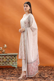 Off White & Peach Jaipuri Cotton A Line Printed Kurta Pants and Dupatta Set for women and girls