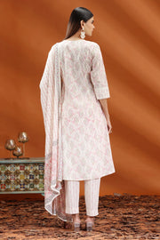 Off White & Peach Jaipuri Cotton A Line Printed Kurta Pants and Dupatta Set for women and girls