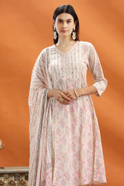 Off White & Peach Jaipuri Cotton A Line Printed Kurta Pants and Dupatta Set for women and girls