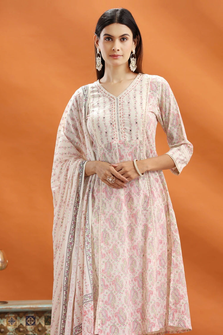 Off White & Peach Jaipuri Cotton A Line Printed Kurta Pants and Dupatta Set for women and girls