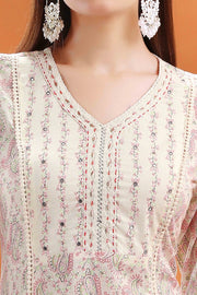 Off White & Peach Jaipuri Cotton A Line Printed Kurta Pants and Dupatta Set for women and girls