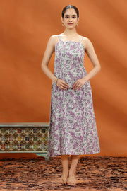 Off White & Purple Jaipuri Cotton Floral Printed A Line Sleeveless Kurta for women and girls