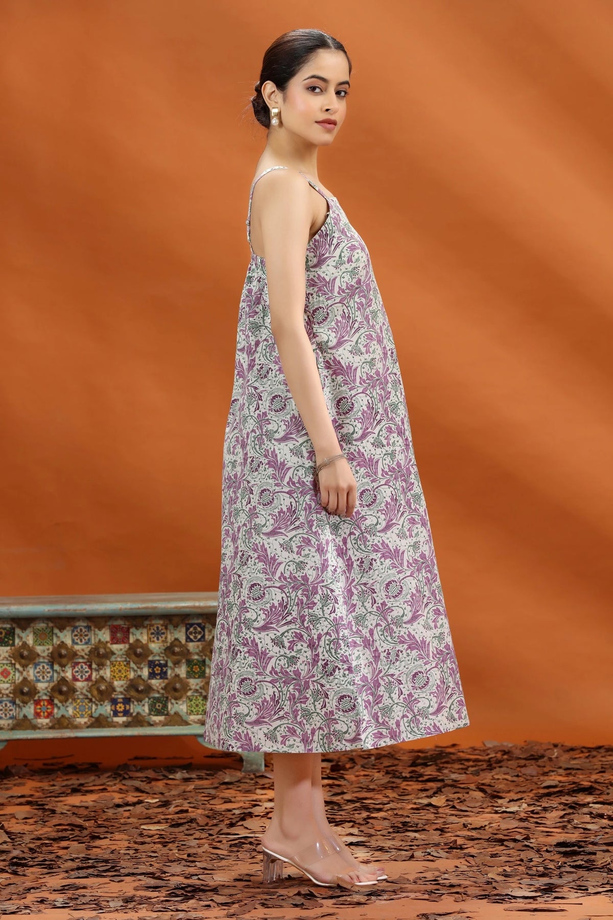 Off White & Purple Jaipuri Cotton Floral Printed A Line Sleeveless Kurta for women and girls