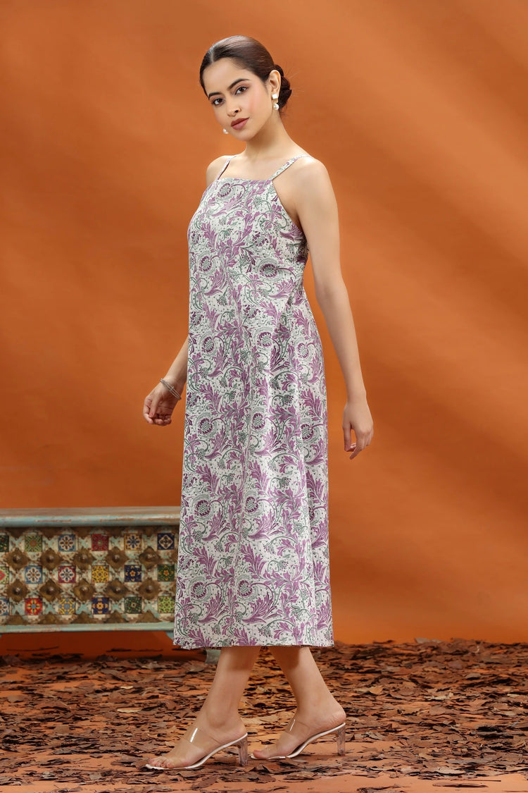 Off White & Purple Jaipuri Cotton Floral Printed A Line Sleeveless Kurta for women and girls