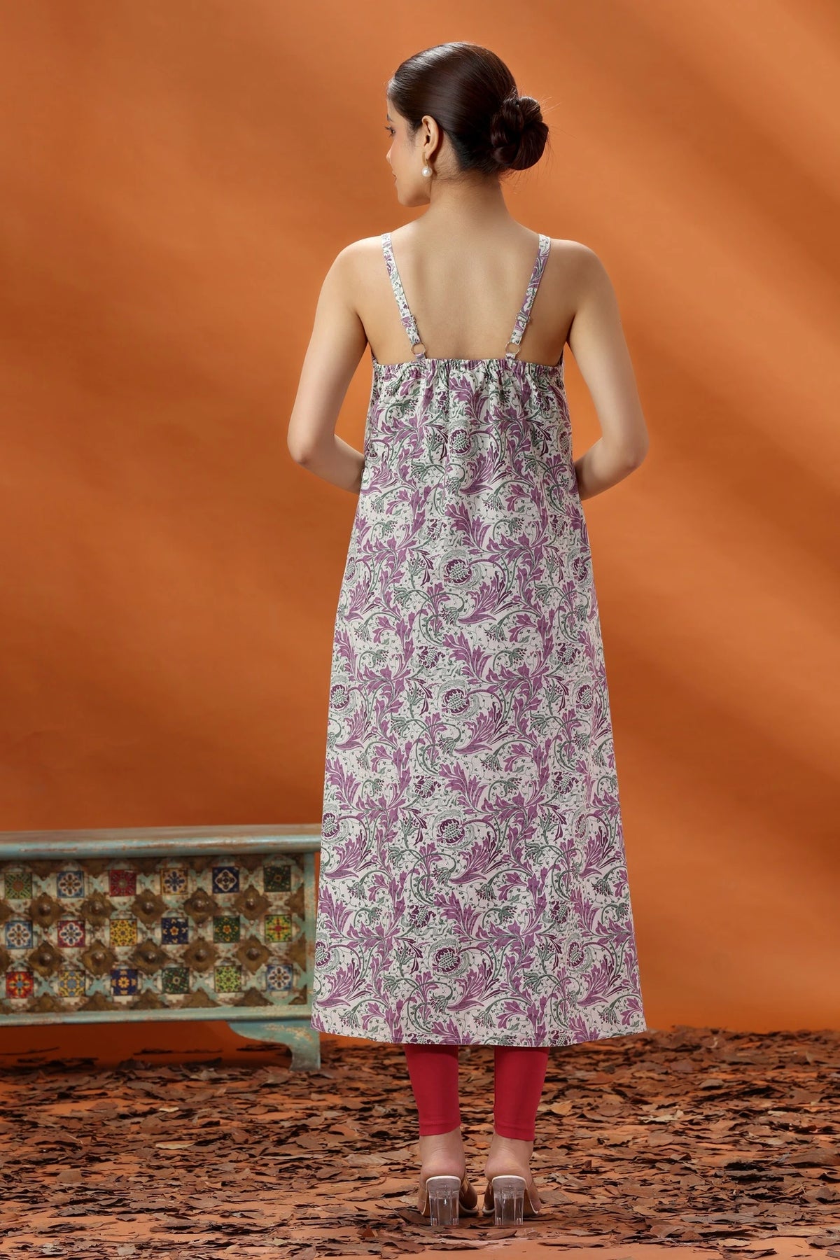 Off White & Purple Jaipuri Cotton Floral Printed A Line Sleeveless Kurta for women and girls