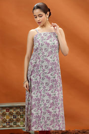 Off White & Purple Jaipuri Cotton Floral Printed A Line Sleeveless Kurta for women and girls