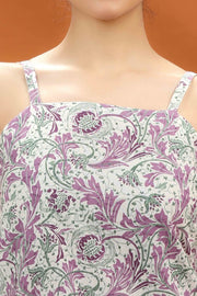 Off White & Purple Jaipuri Cotton Floral Printed A Line Sleeveless Kurta for women and girls