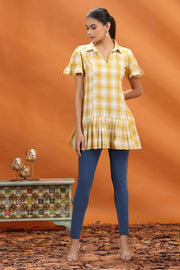 Off White & Yellow Handloom Cotton A Line Short Kurta and kurtis for women and girls