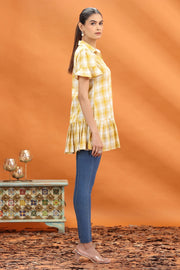 Off White & Yellow Handloom Cotton A Line Short Kurta and kurtis for women and girls