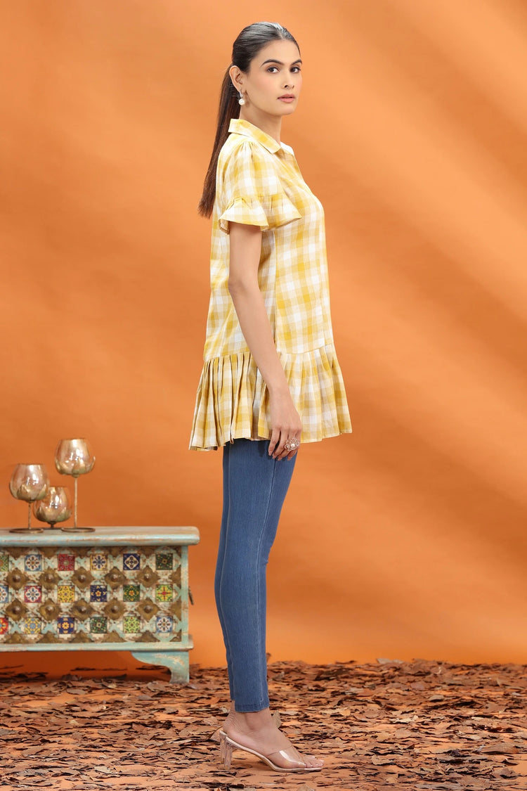 Off White & Yellow Handloom Cotton A Line Short Kurta and kurtis for women and girls