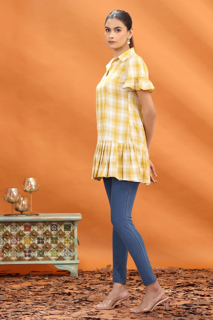 Off White & Yellow Handloom Cotton A Line Short Kurta and kurtis for women and girls