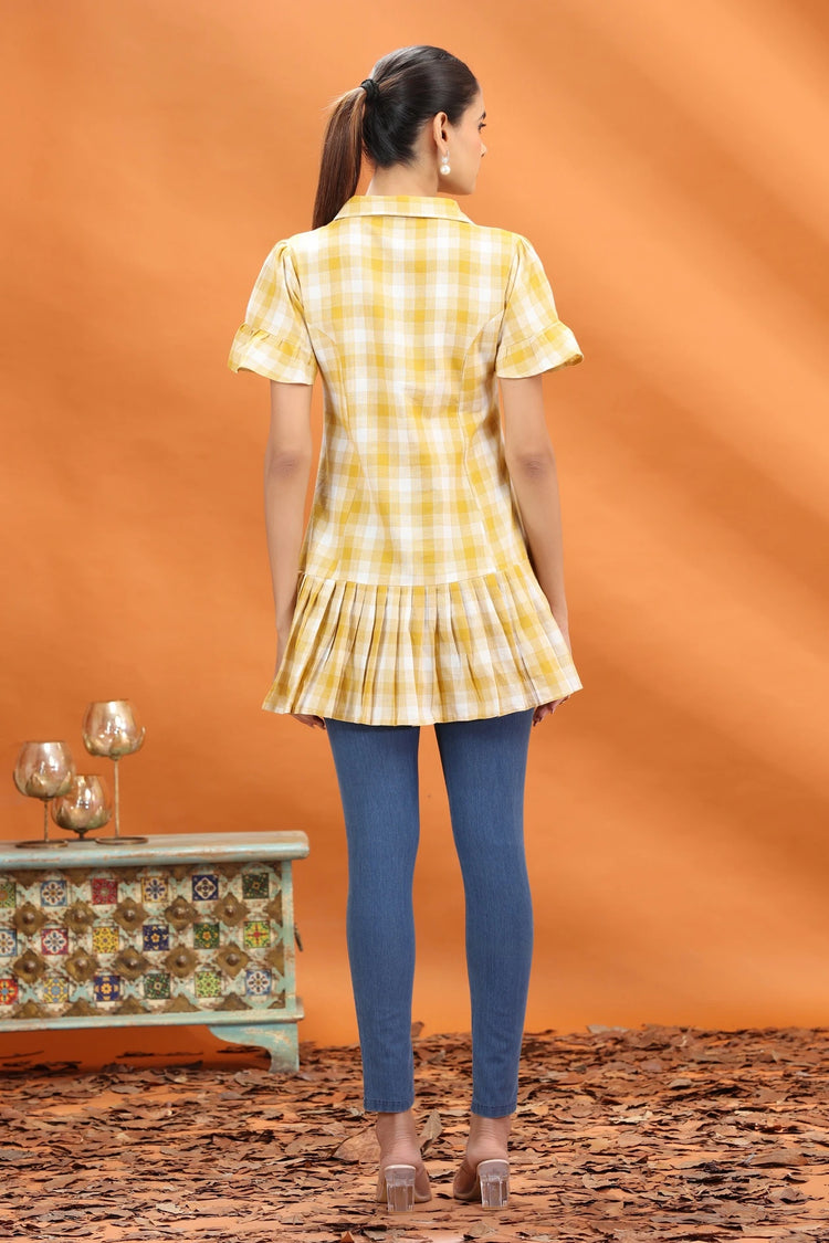 Off White & Yellow Handloom Cotton A Line Short Kurta and kurtis for women and girls