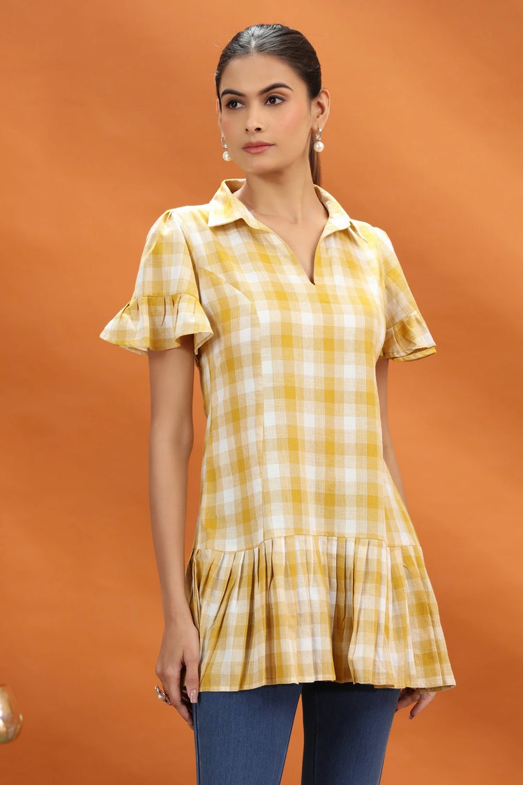 Off White & Yellow Handloom Cotton A Line Short Kurta and kurtis for women and girls