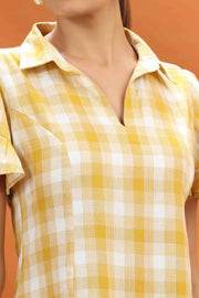 Off White & Yellow Handloom Cotton A Line Short Kurta and kurtis for women and girls