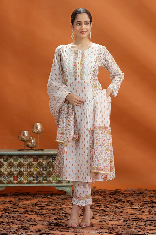 Off White & Yellow Jaipuri Cotton Straight Printed Kurta Pant and Dupatta Set for women