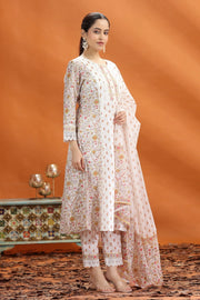 Off White & Yellow Jaipuri Cotton Straight Printed Kurta Pant and Dupatta Set for women