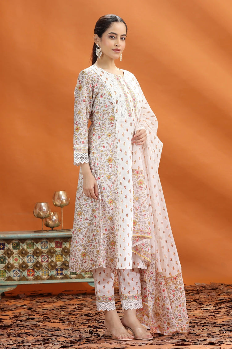 Off White & Yellow Jaipuri Cotton Straight Printed Kurta Pant and Dupatta Set for women
