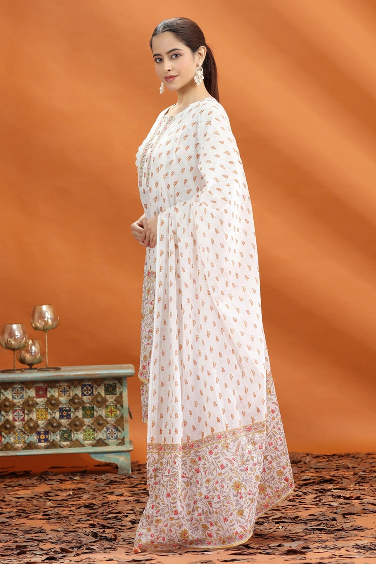 Off White & Yellow Jaipuri Cotton Straight Printed Kurta Pant and Dupatta Set for women