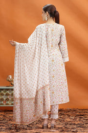 Off White & Yellow Jaipuri Cotton Straight Printed Kurta Pant and Dupatta Set for women