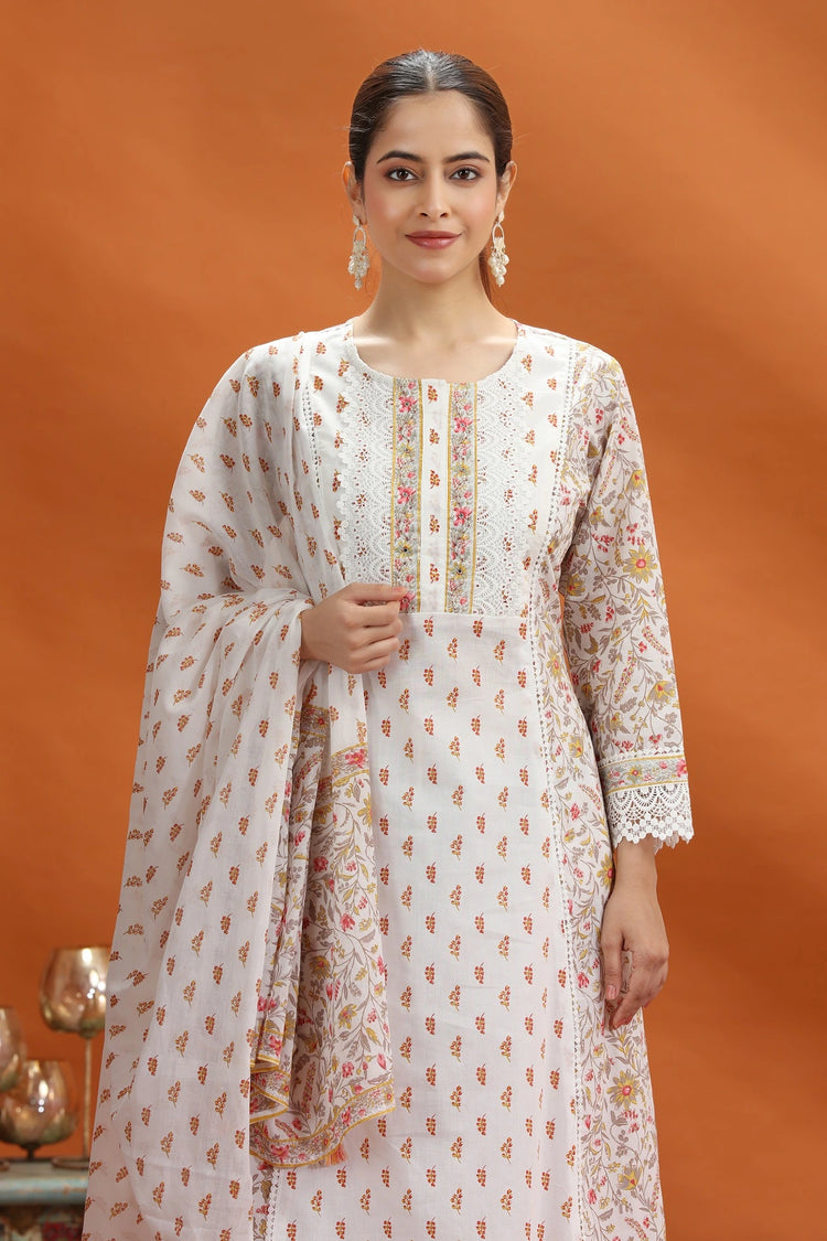Off White & Yellow Jaipuri Cotton Straight Printed Kurta Pant and Dupatta Set for women