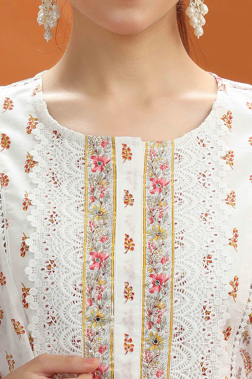 Off White & Yellow Jaipuri Cotton Straight Printed Kurta Pant and Dupatta Set for women