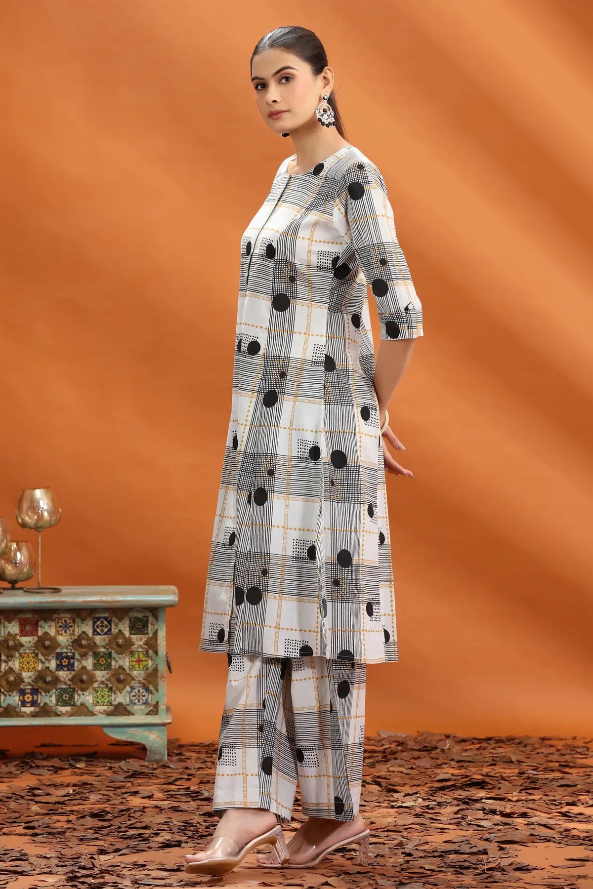Off White & Black Jaipuri Cotton Printed A Line Kurta and Pant Set for women 