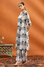 Off White & Black Jaipuri Cotton Printed A Line Kurta and Pant Set for women 