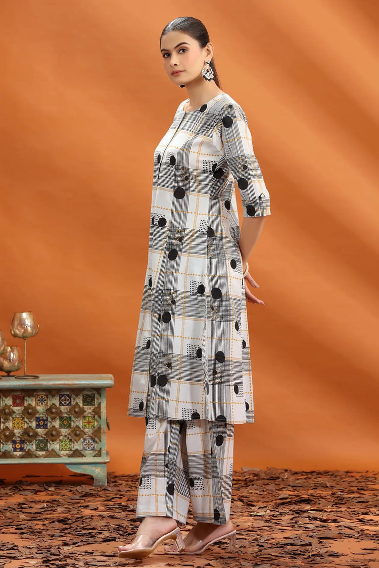 Off White & Black Jaipuri Cotton Printed A Line Kurta and Pant Set for women 