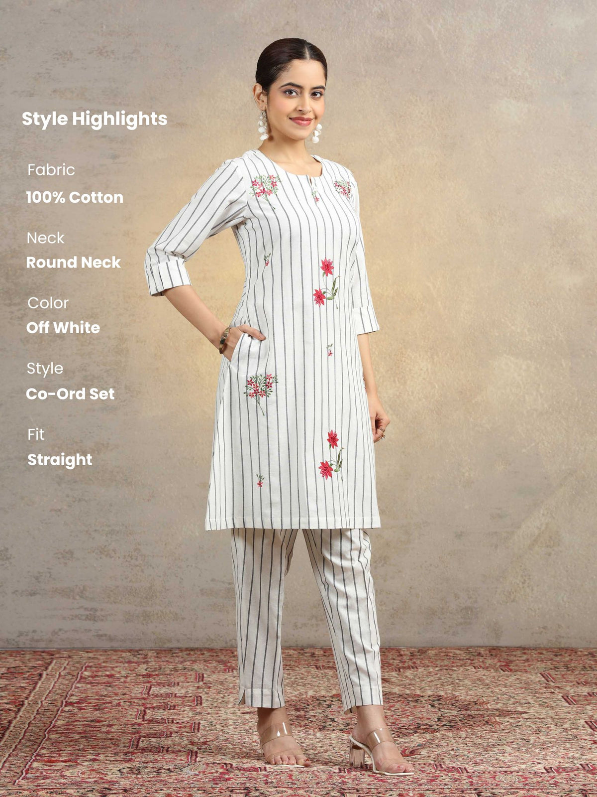 Off White Floral Embroidered Pure Cotton Straight Co-Ord Set