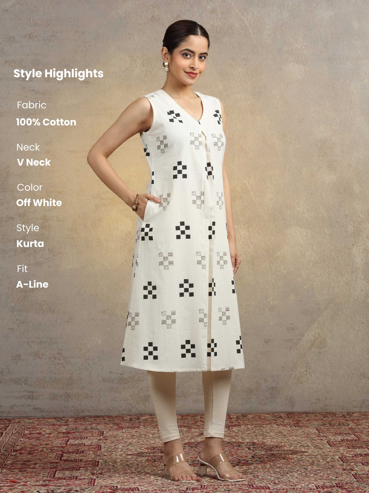 Off White Geometric Printed Cotton A-Line Kurta
