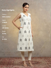 Off White Geometric Printed Cotton A-Line Kurta
