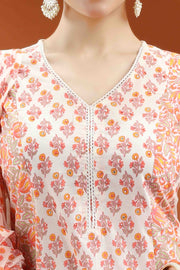 Off White & Mustard Jaipuri Cotton A Line Printed Kurta Pants and Dupatta Set for women and girls