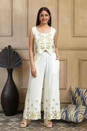 Off White & Yellow Waist Coat Style Rayon Top Palazzo Co ord Set