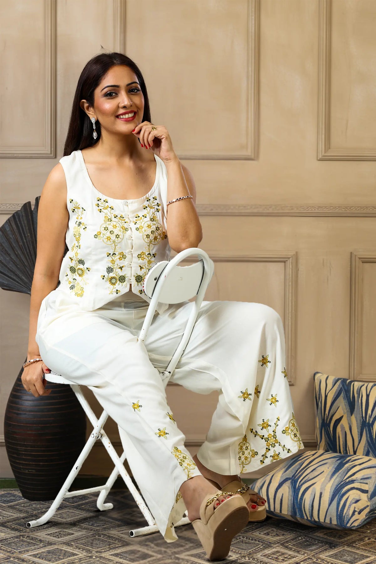 Off White & Yellow Waist Coat Style Rayon Top Palazzo Co ord Set