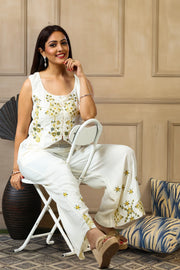 Off White & Yellow Waist Coat Style Rayon Top Palazzo Co ord Set