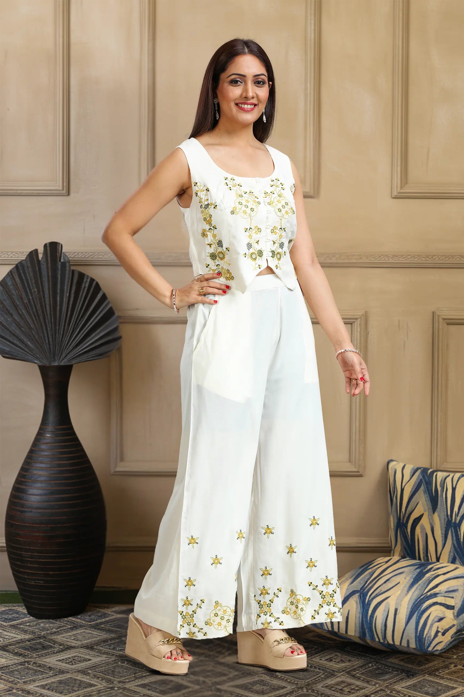 Off White & Yellow Waist Coat Style Rayon Top Palazzo Co ord Set