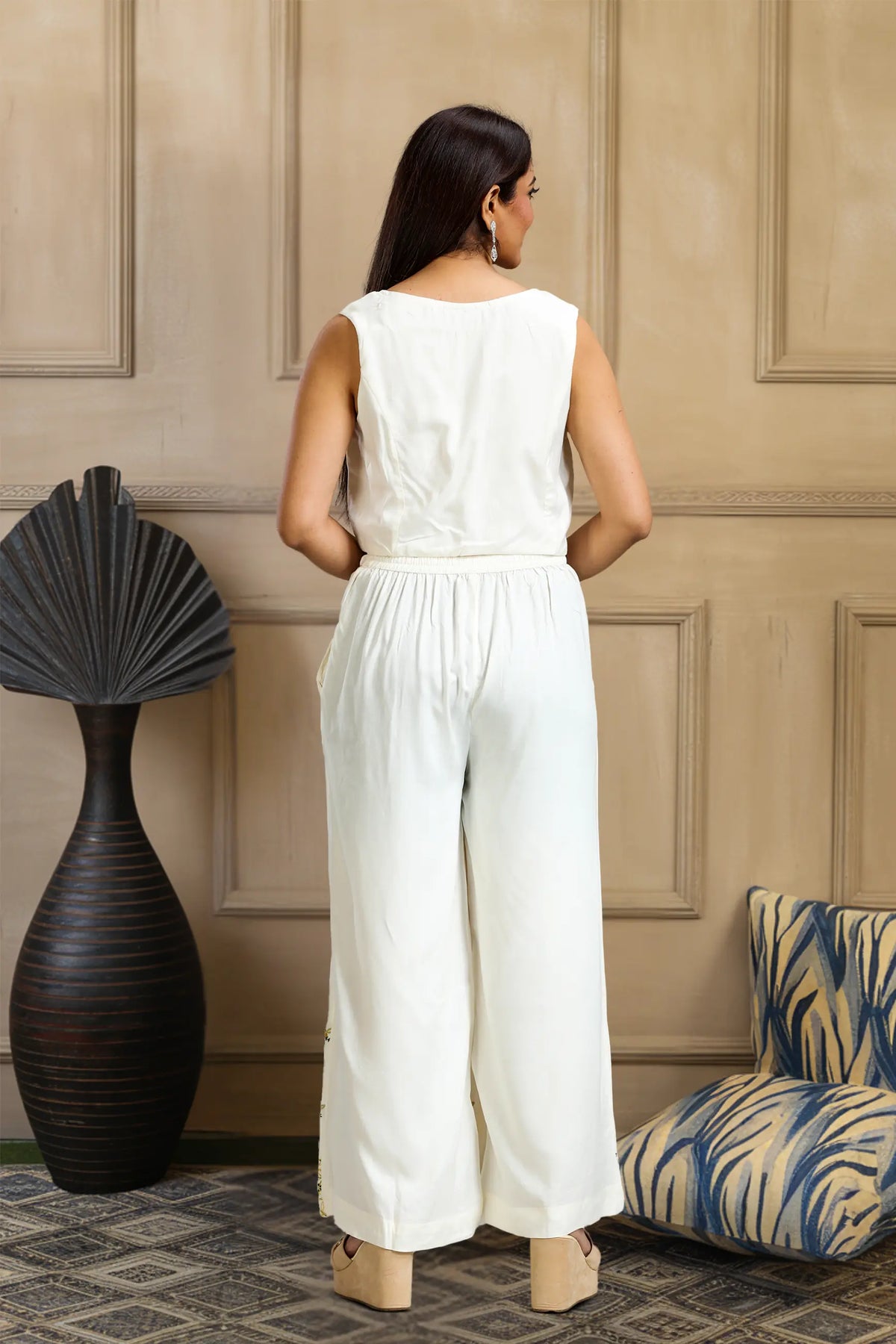 Off White & Yellow Waist Coat Style Rayon Top Palazzo Co ord Set