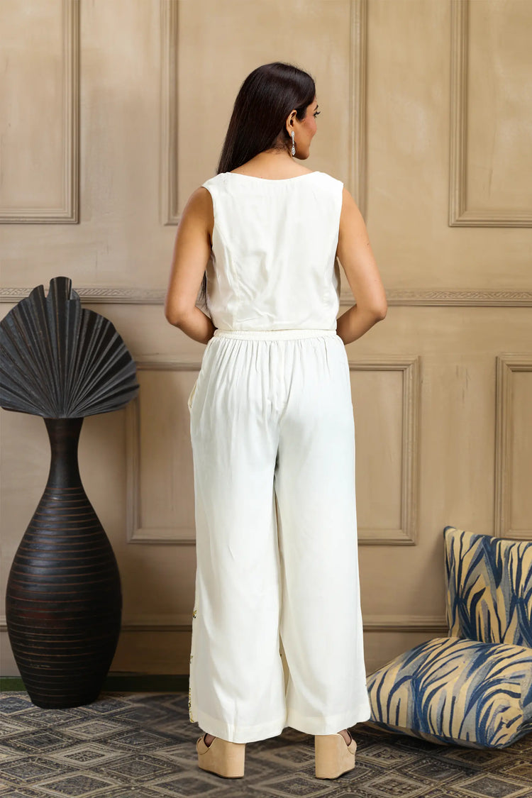 Off White & Yellow Waist Coat Style Rayon Top Palazzo Co ord Set