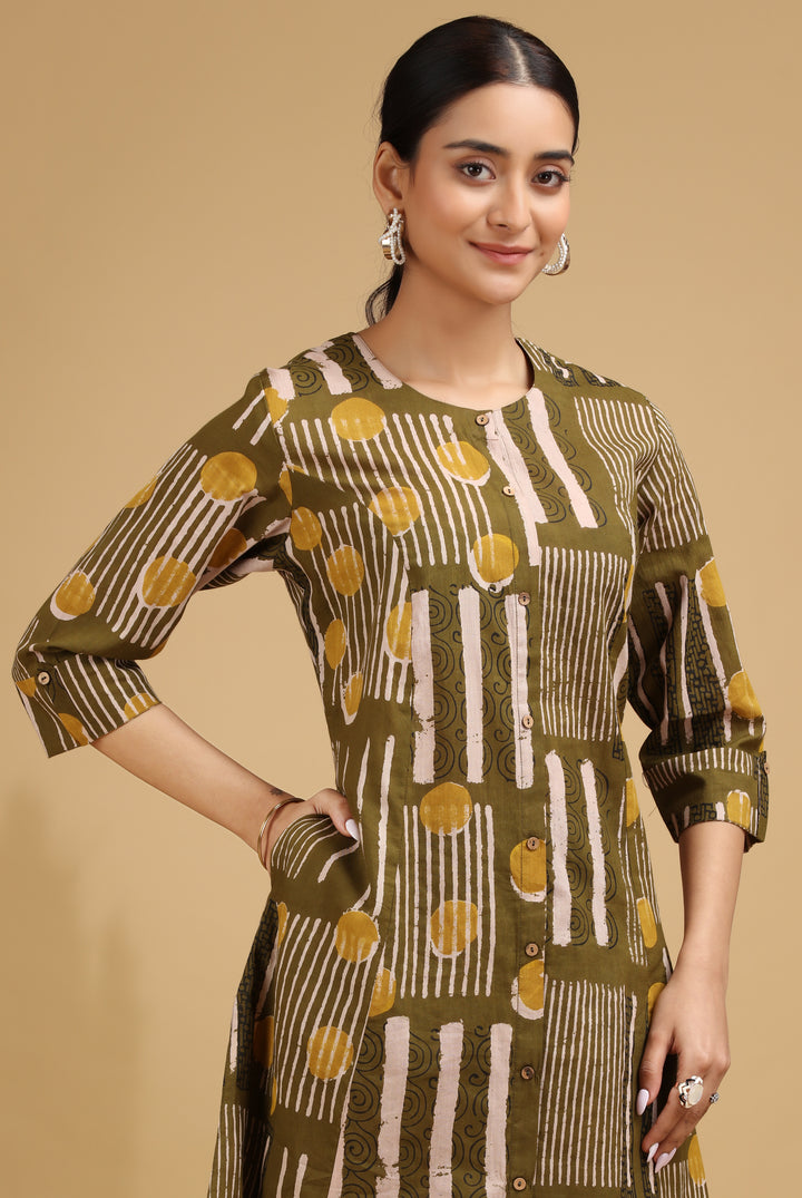 Olive Abstract Printed Straight Co-ord Set
